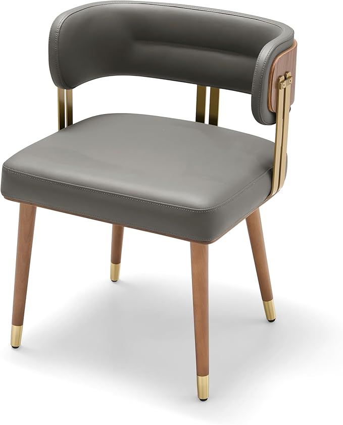 Modern Mid-Century Upholstered Leather Dining Chairs with High-Resilience Foam, Walnut Wood Veneer&Gold Metal Legs,Dining Chairs with Anti-Slip Pads,Grey