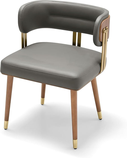 Modern Mid-Century Upholstered Leather Dining Chairs with High-Resilience Foam, Walnut Wood Veneer&Gold Metal Legs,Dining Chairs with Anti-Slip Pads,Grey