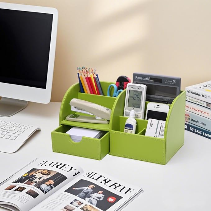 KINGFOM Pu Leather Desk Organizer Pen Pencil Holder Office Supplies Caddy Storage Box 6 Compartments with Drawer Green