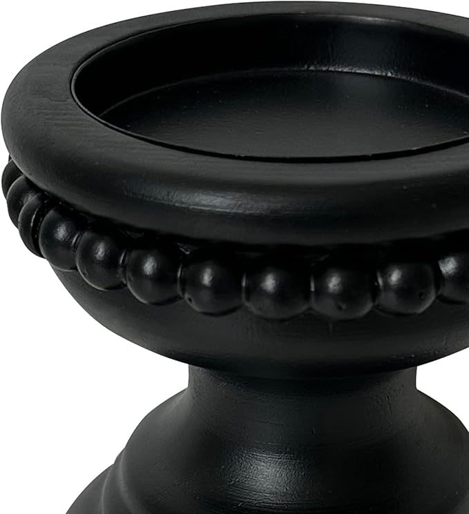 Farmhouse Rustic Wood Pillar Candle Holder, Decorative Beaded Candlestick Holder Stand for Home Décor, Gifts, Wedding (Black)