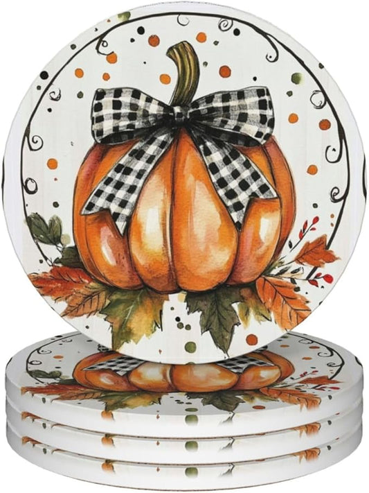 Autumn Bow Pumpkin Coasters for Drinks Fall Maple Leaves Absorbent Ceramic Coaster Set of 4 for Coffee Table Cup Bar Coasters with Cork Base Round Stone Mats Holiday New Home Decors