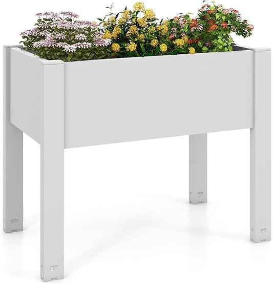 Giantex Raised Garden Bed with Legs, Self-Watering Planter Box with Water Level Indicator, Drainage Hole & Detachable Space Dividers, Outdoor Plant Container for Flower, Vegetable, Fruit, Herb (White)