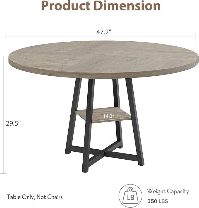 GAOMON Industrial Round Dining Table, 47 Inch Round Kitchen Table for 4, Dinner Table with Wooden Top and Metal Base for Dining Room, Living Room (Grey, 47.2 in w/Storage)
