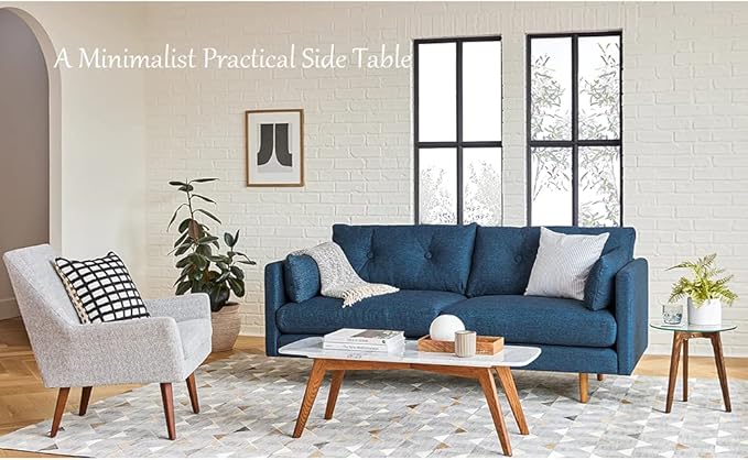 Tempered Glass Small End Table, Mnimalist Round Side Table, Mid-Century Modern End Side Table for Living Room Bedroom Small Spaces Office, with Triskele Walnut Wood Legs (15.7" D x 15.7" H)