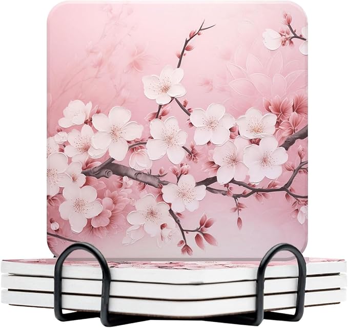 Ceramic Drinking Coasters Set of 4 Square Water Absorbent Blooming Pink Cherry Blossom Flowers Ceramic Coasters Tabletop Protection (Cork Base),Suitable for Various Mugs,Home Decor，4 Inch