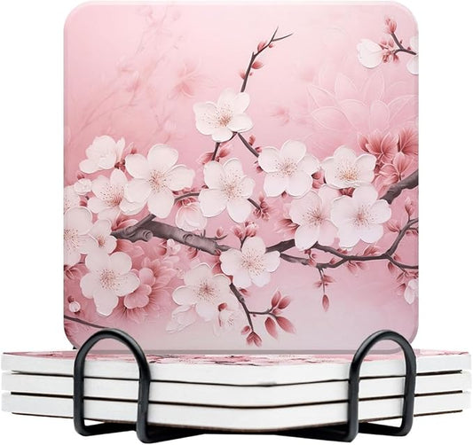 Ceramic Drinking Coasters Set of 4 Square Water Absorbent Blooming Pink Cherry Blossom Flowers Ceramic Coasters Tabletop Protection (Cork Base),Suitable for Various Mugs,Home Decor，4 Inch