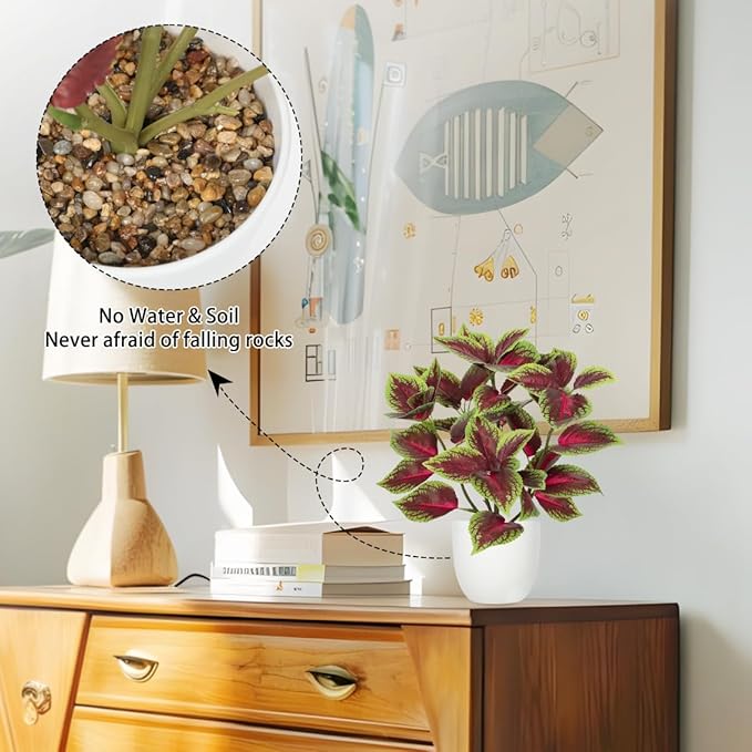 Artificial Plants Indoor 14.2" Small Fake Perilla Plant in Pot Potted Plants Artificial Decor Faux House Plant with White Pot for Farmhouse Home Office Bathroom Living Room Table Shelf Decor