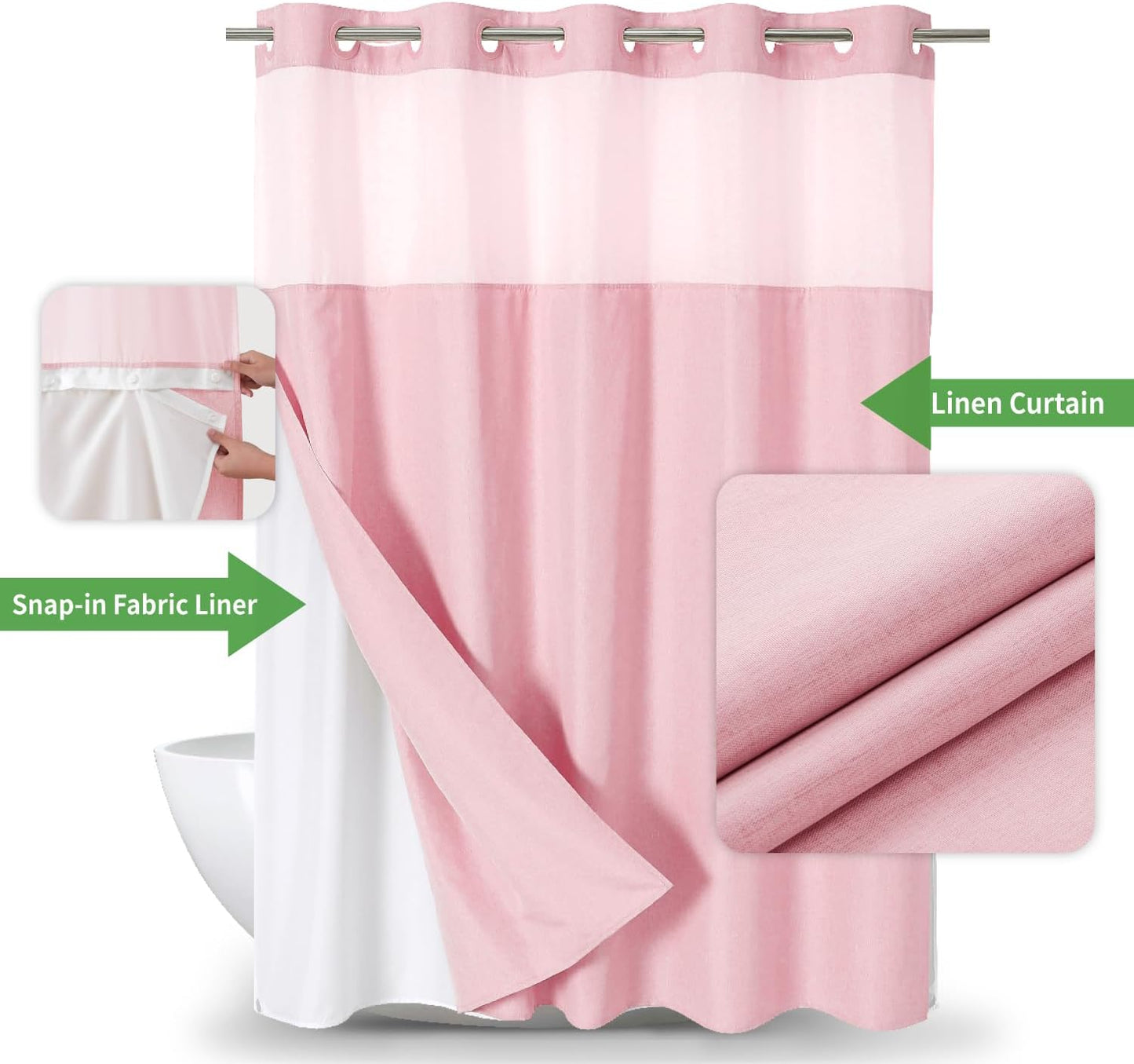 Long No Hooks Needed Linen Textured Shower Curtain with Snap-in Fabric Liner Set,Hotel Luxury Decor Shower Curtains for Bathroom,Waterproof & Washable,71Wx80H,Pink