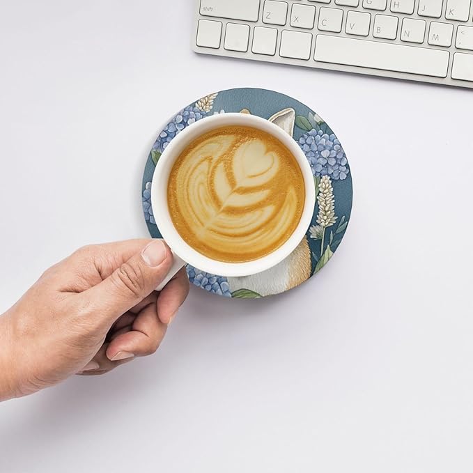 Easter Hydrangea Bunny Coasters for Drinks Cute Rabbits Flowers Spring Seasonal Absorbent Ceramic Coaster Set of 4 for Coffee Table Cup Bar Desk Round Coasters Mat with Cork Base