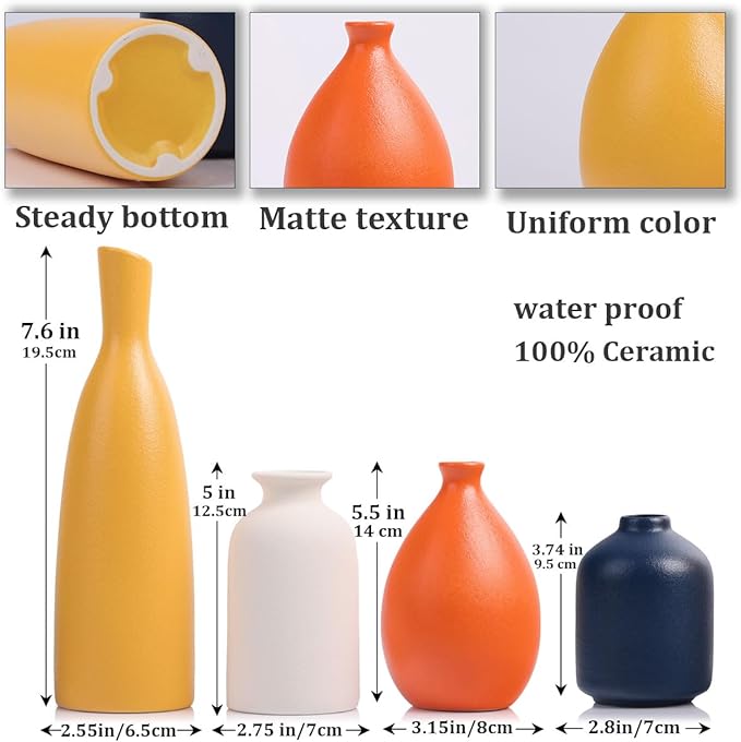 Colorful Ceramic Bud Vases Set of 4 - Modern Yellow, Orange, Blue Small Vases for Home Decor - Ideal for Living Room, Kitchen, Office, Bathroom, Mantle, Entrance, Farmhouse & Coffee Table Decorations