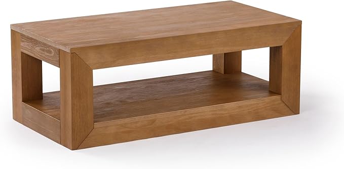 Plank+Beam 40" Modern Rectangular Coffee Table with Shelf, Solid Wood Center Table with Storage, 2 Tier Tea Table for Living Room, Pecan Wirebrush