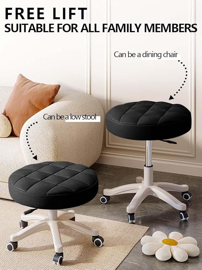 Small Chair Round Rolling Stool with Wheels PU Leather Height Adjustable Swivel Drafting Work SPA Salon Stools Home Office Chair