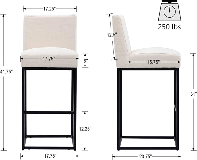 VESCASA Linen 31 inches Bar Height Bar Stools with Padded Back, Modern Upholstered Bar Stool Chairs with Black Metal Frame for Kitchen Island, Pub, Set of 2, Cream