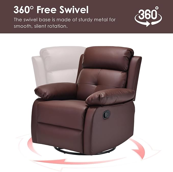 Swivel Rocker Recliner, 360 Swivel Small Recliners with 30 Degree, 90-150 Degree Angle, Faux Leather Lift Chair for Home Theater Seating, Adults, Living Room, Bedroom, Brown