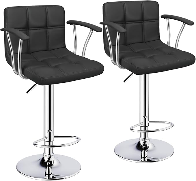 Bar Stools Set of 2,Armrest Adjustable Swivel Barstools with Back,Double Needle PU Leather Counter Height Bar Stools for Kitchen Island, Black