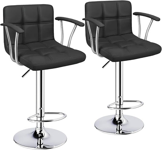 Bar Stools Set of 2,Armrest Adjustable Swivel Barstools with Back,Double Needle PU Leather Counter Height Bar Stools for Kitchen Island, Black