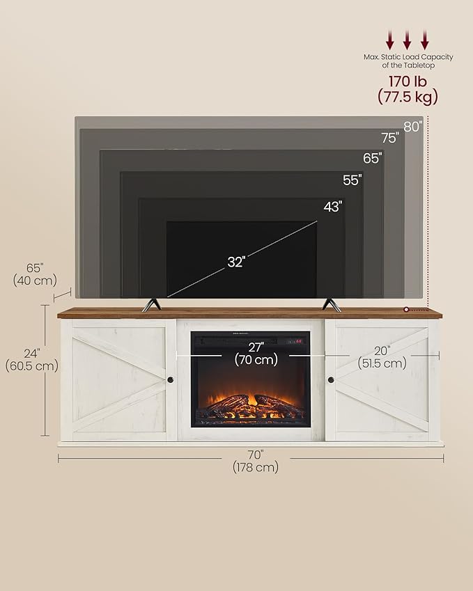 VASAGLE Fireplace TV Stand for TVs up to 80 Inches, 18-Inch ELectric Fireplace with Remote, Farmhouse Entertainment Center, Media Console Table for Living Room, Rustic White and Honey Brown ULTV541W01