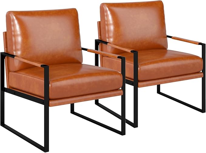 Phoenix Home Mid Century Modern Faux Leather Accent Chair Set of 2, Metal Framed Armchair with Extra Soft Removable Seat Cushion & Backrest for Living Room Bedroom Waiting Room, Easy to Clean, Brown