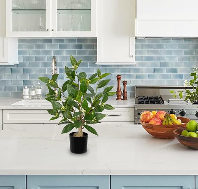 Briful Fake Plants 18.8'' Tall Artificial Plants Indoor Decor, Faux Bay Laurel Plant with Flowers in Black Pot, Floor Plant Houseplant for Home Farmhouse Outdoor Patio Porch Decorations