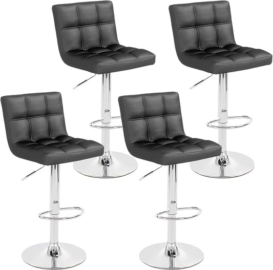 Modern PU Leather Bar Stools Set of 4, Adjustable Swivel Square Bar Chairs, Armless Counter Height Barstools with Back and Large Base for Island/Kitchen(Black)