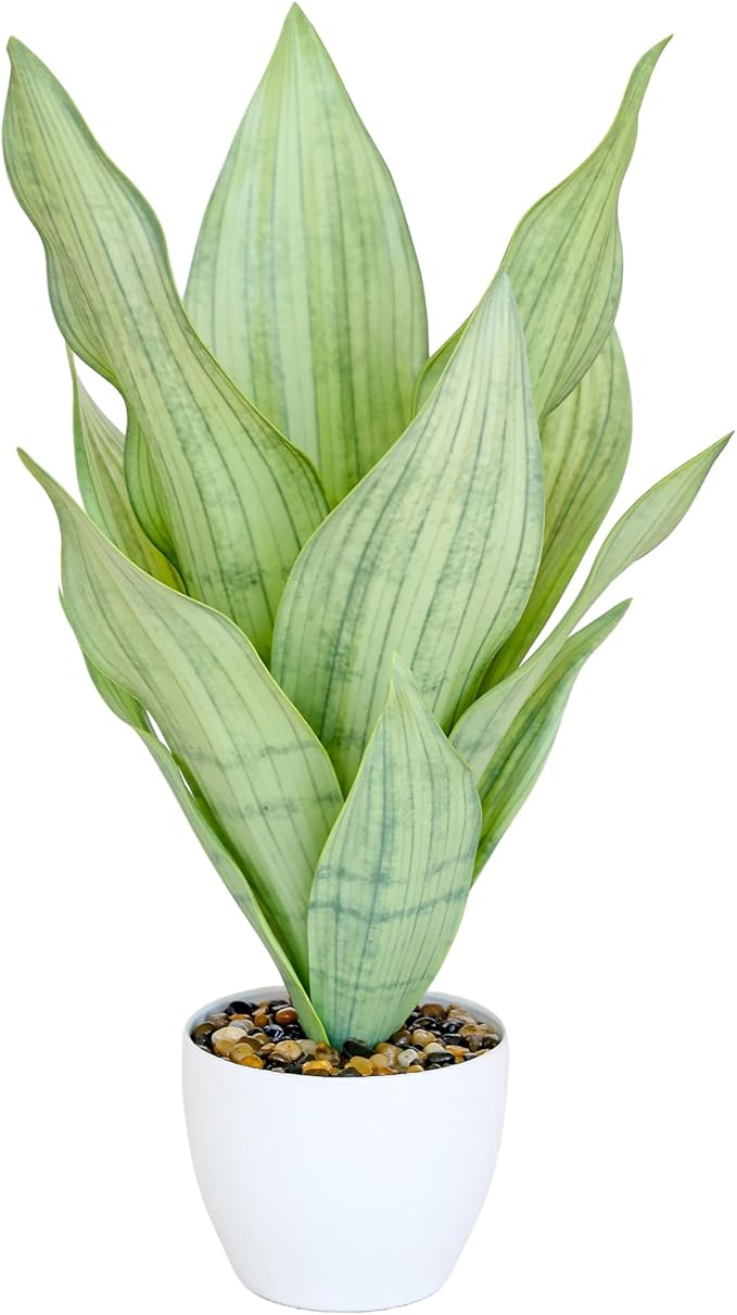 17" Artificial Snake Plant Potted,Fake Sansevieria Floor Plant Real Looking with White Planter for Centerpiece Home Decor (White&Green)