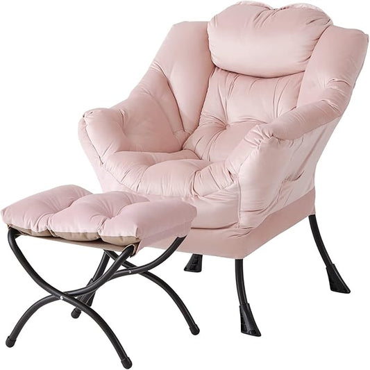 Welnow Lazy Chair with Ottoman, Modern Lounge Accent Chair with Armrests and a Side Pocket, Leisure Sofa Armchair, Reading Armchair with Footrest for Small Space, Pink