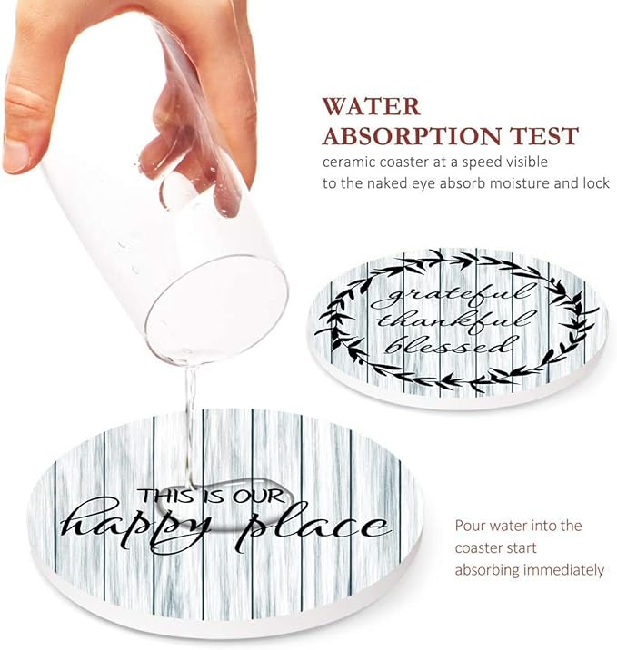 Britimes Coaster for Drinks Set of 6, White Old Wood Wooden Board Table Absorbent Round Ceramic Stone Mat, with Cork Base and Metal Holder, Gift for Housewarming Room Bar Decor