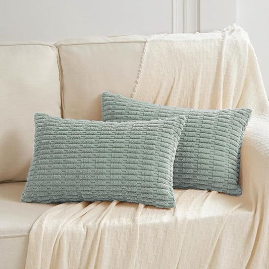 Fancy Homi Pack of 2 Grey Blue Lumbar Decorative Throw Pillow Covers 12x20 Inch for Living Room Couch Bedroom, Soft Corduroy Rectangle Solid Cushion Case 30x50 cm, Rustic Farmhouse Boho Home Decor