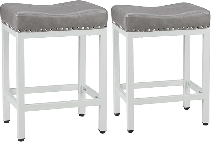 Sweetcrispy 24 inch Bar Stools Set of 2, Upholstered Modern Counter Height Bar Stools for Kitchen Island Modern PU Leather Sadless Stools Chair with Metal Base and Footrest, Grey
