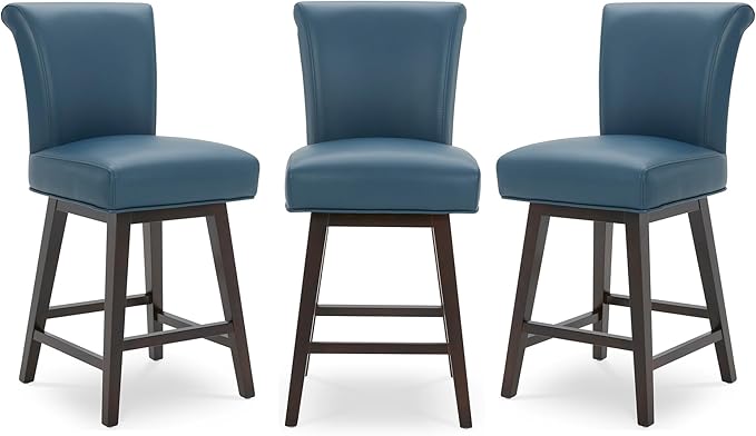 CHITA 26 Inch Counter Height Swivel Bar Stools Set of 3, FSC Certified Modern Upholstered Faux Leather Swivel Barstool Chair with Back, Blue