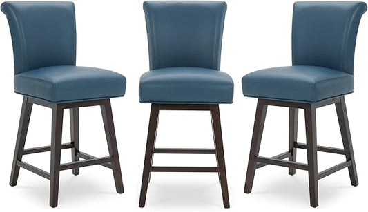 CHITA 26 Inch Counter Height Swivel Bar Stools Set of 3, FSC Certified Modern Upholstered Faux Leather Swivel Barstool Chair with Back, Blue
