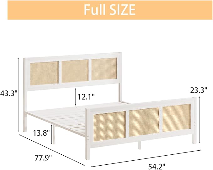 Boho Bed Frame Full, Rattan Full Bed Frames with Headboard, Metal Platform Bed Frame Full Size with Strong Slats Support, No Box Spring Needed, Noise Free, Easy Assembly, White