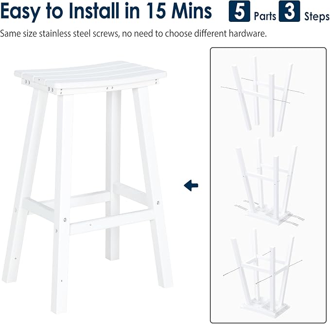 nalone 29 Inch Outdoor Bar Stools Set of 2, HDPE Bar Chairs with Footrest, Weather Resistant Barstools Outside Counter Height Stools for Patio Yard (White, 29'' Barstools Set of 2)