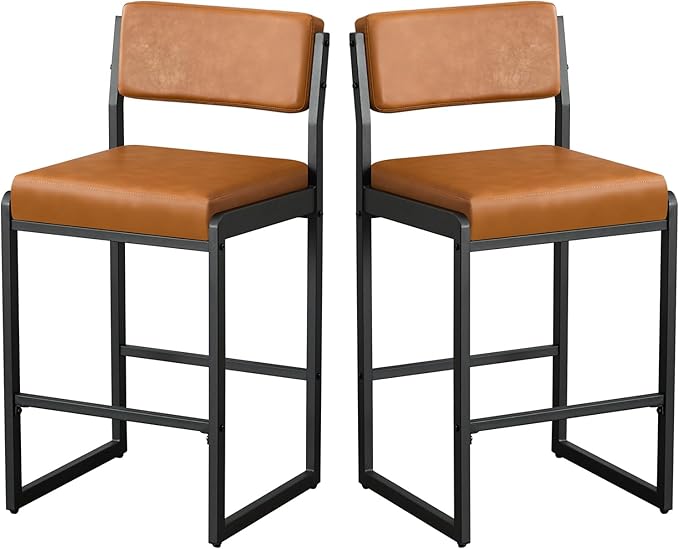 Mid Century Modern Counter Height Bar Stools Set of 3, 26" Bar Height Chairs with Backs, Upholstered Counter Stools, Metal Barstools for Kitchen Island (Brown- Faux Leather, 26"H - Set of 2)