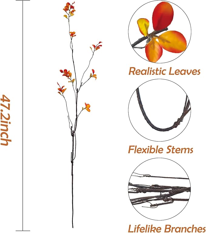 4 Pcs Fall Stems Artificial Ficus Branches, 47.2 Inch Faux Eucalyptus Stems Fall Decor, Fake Leaves Fall Decorations for Home, Autumn Table Decor Fall Branches for Vase Filler Centerpieces