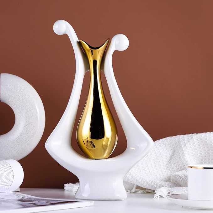 White Gold Abstract Art Ceramic Vases for Home Décor Accent,Nordic Modern Minimalist Vases for Flowers,Shelf,Table Centerpieces,Bookshelf,Fireplace Mantle,Rustic,Wedding,Mid Century Décor