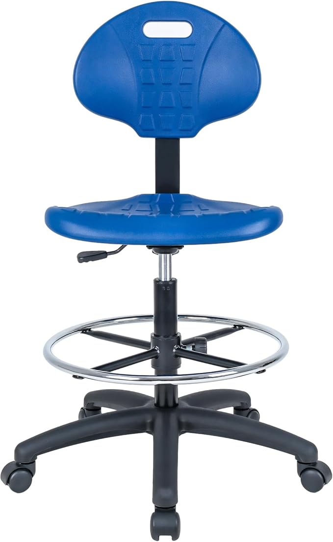 Chair Master Drafting Stool Blue- Easy to Clean! Quick Ship. Ergonomic Polyurethane Chair. Seat Height Adjustable (23"-33") Heavy Duty Adjustable Footring for Home, Automotive, Lab, Cleanroom (Blue)