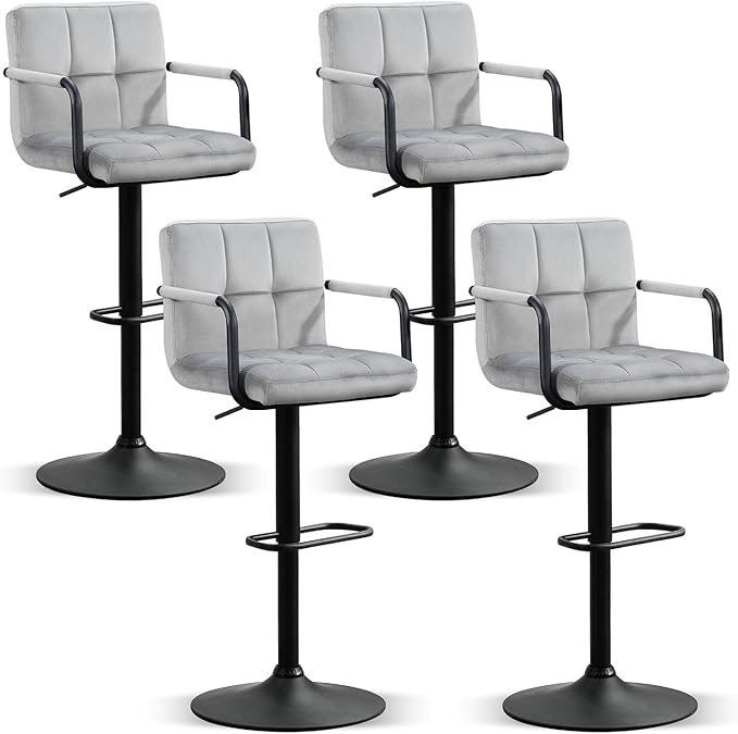 Furniliving Swivel Bar Stools Set of 4, Adjustable Kitchen Counter Height BarStools with Arms, Velvet Upholstered Bar Chair with Back and Footrest for Dining Room, Kitchen, Pub, Bar (Grey)