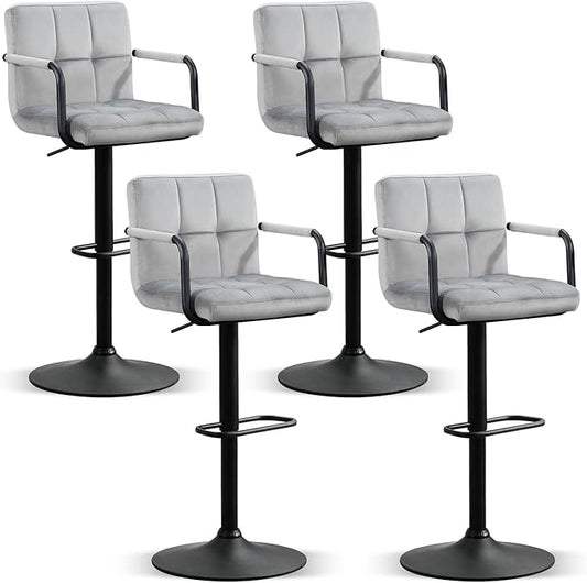 Furniliving Swivel Bar Stools Set of 4, Adjustable Kitchen Counter Height BarStools with Arms, Velvet Upholstered Bar Chair with Back and Footrest for Dining Room, Kitchen, Pub, Bar (Grey)