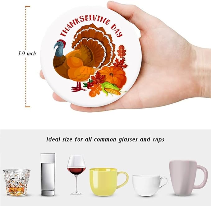 Thanksgiving Day Drink Absorbent Coasters with Holder Set of 6, Ceramic Stone with Cork Base, Turkey and Pumpkin Coaster for Drinks, Gift for Housewarming Room Bar Home Decor Kitchen