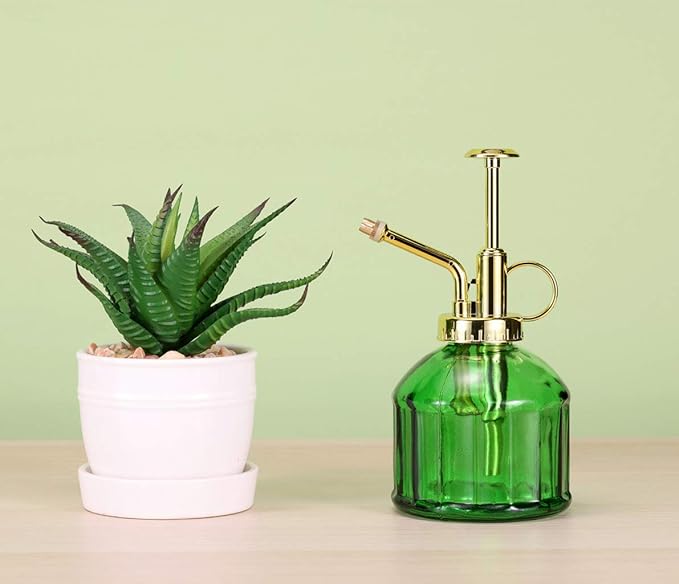 Glass Plant Mister - 6.5" Green Glass Water Spray Bottle with Gold Top Pump, Small Plant Sprayer for Indoor/Outdoor House Plants