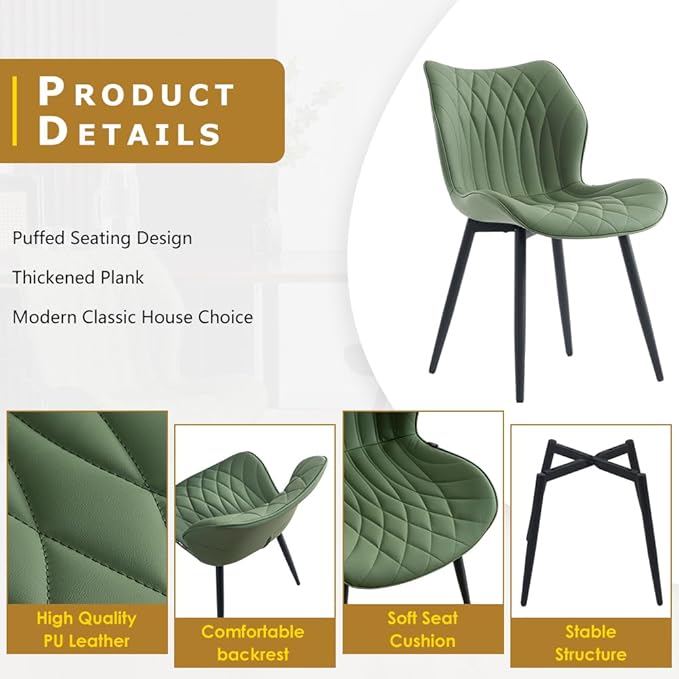 Kidol & Shellder Dining Chairs Set of 2 Green Modern Kitchen Chairs with Back Armless Accent Chairs for Living Room Upholstered Faux Leather Chair Mid Century Comfy Side Chair with Metal Legs