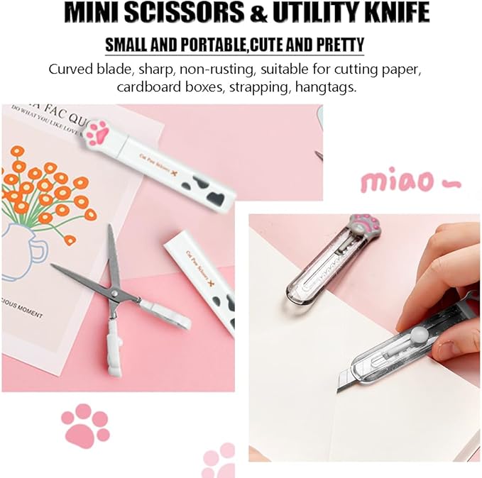 Cute School Supplies, Cute Stationary,Birthday Party Favors Set,Including Pencil Sharpener,Eraser, Correction Tape, Ruler, Mini Scissors,Utility Knife, for Cute School Supplies