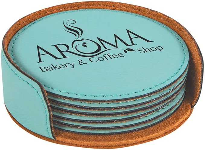 Custom Engraved Coasters | Personalized Leather Coaster | Set of 6 | Drink Coasters with Holder | Laser Engraved | Tabletop Protection | Gift for Couples (Round 4", Teal w/Black)