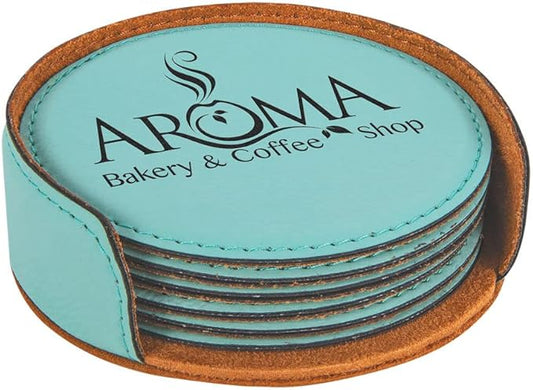 Custom Engraved Coasters | Personalized Leather Coaster | Set of 6 | Drink Coasters with Holder | Laser Engraved | Tabletop Protection | Gift for Couples (Round 4", Teal w/Black)