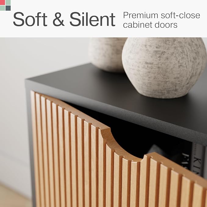 Modern Fluted TV Stand & Media Console - 70-Inch, Fluted Black & Oak - Entertainment Center for 32-80-Inch Screens with Soft-Close Doors & Cord Management