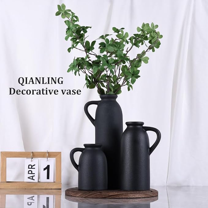 Black Ceramic Vase Set - 3 Small Matte Black Jug Vases, Farmhouse Country Flower Vase Home Decor, Living Room Decoration, Table Decoration, Fireplace Decor, and Entrance Decorations Centerpieces
