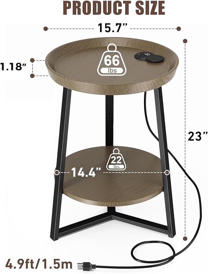 Gadroad Round End Table with Charging Station, USB Ports, Wood Tabletop & Black Metal Frame, 2-Tier Side Table for Living Room, Bedroom, Walnut Color 15.7 * 15.7 * 23.0inches