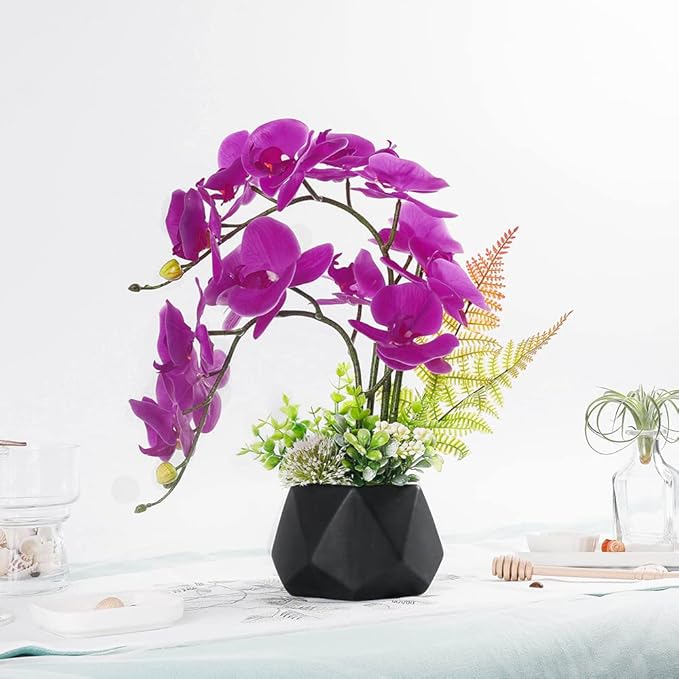 LESING Artificial Potted Orchid Flower for Table Centerpieces,Real Touch Fake Orchid Flowers in Vase for Home Decoration (Style 1,Black Vase)