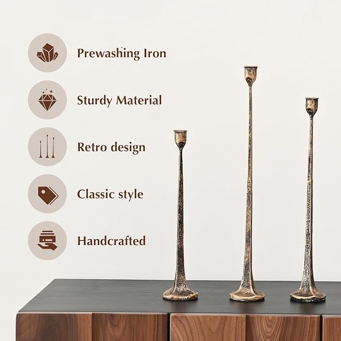 Iron Antique Gold Candlestick Holders, Set of 3 Candle Stick Holders,Fits 3/4 inch Thick Candle&Led Candles, Vintage Modern Decorative Centerpiece for Dining Table Centerpiece, Wedding, Party Decor